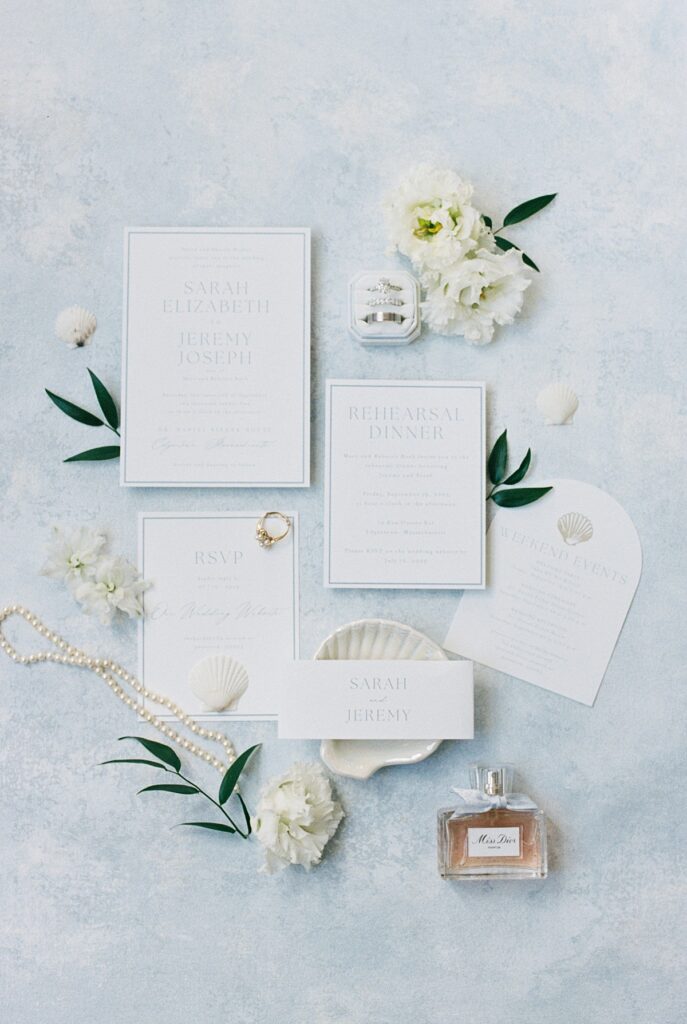coastal martha's vineyard wedding invitation at the daniel fisher house