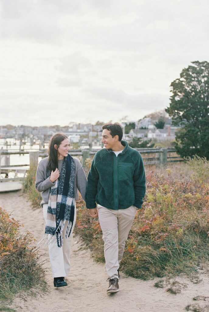 Fall engagement photos in downtown Edgartown on Martha's Vineyard