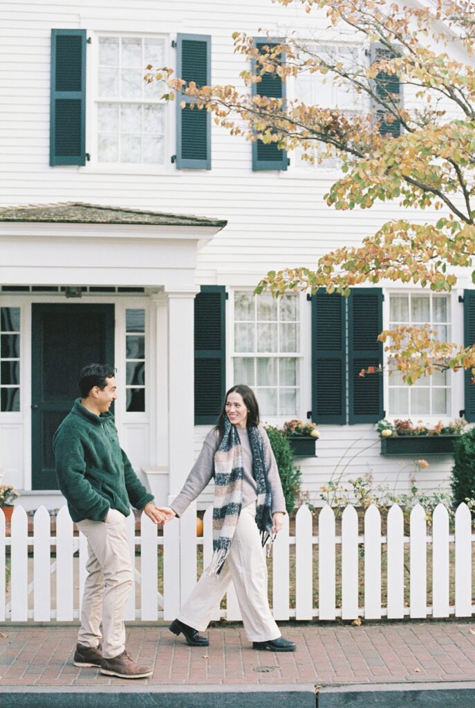 Fall engagement photos in downtown Edgartown on Martha's Vineyard